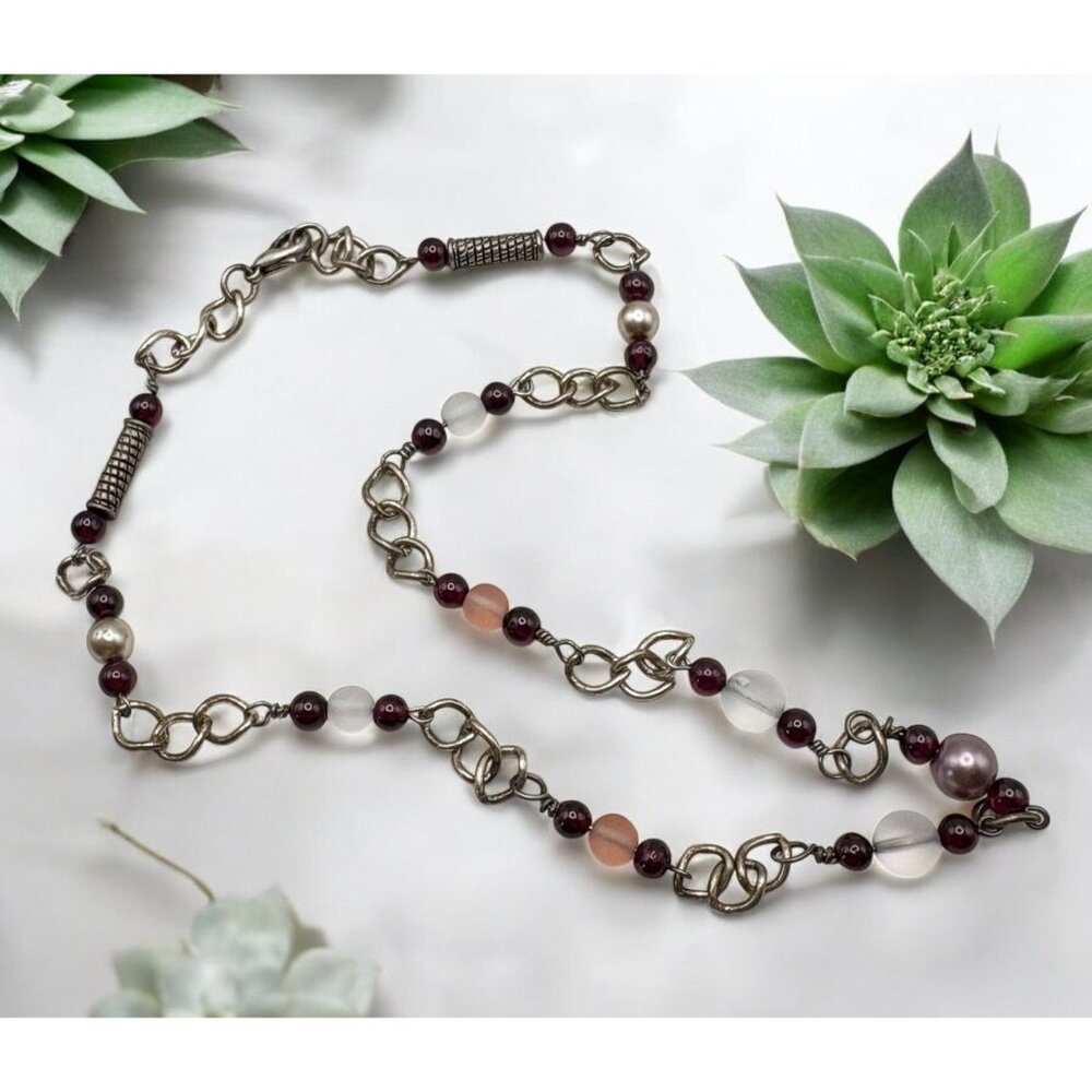 Silver Tone Beaded Chain Necklace Purple Pink Accents Boho